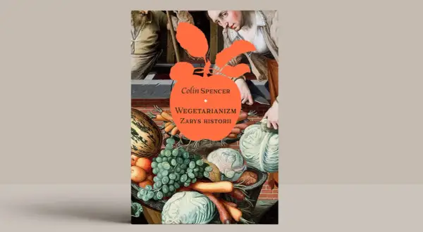 Okładka książki "Wegetarianizm. Zarys historii" z wizerunkiem warzyw i owoców.