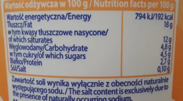 Fragment etykiety z wartościami odżywczymi: energia, tłuszcz, węglowodany, białko, sól.