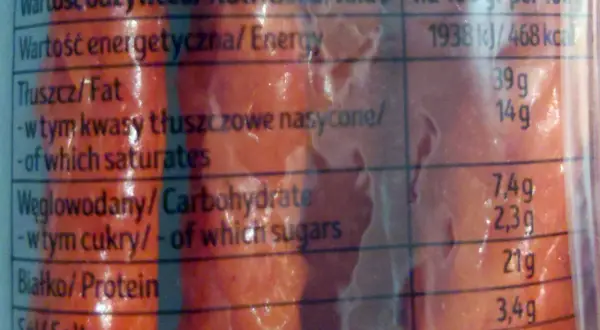 Zbliżenie na etykietę z wartościami odżywczymi kabanosów, pokazującą składniki i kaloryczność.