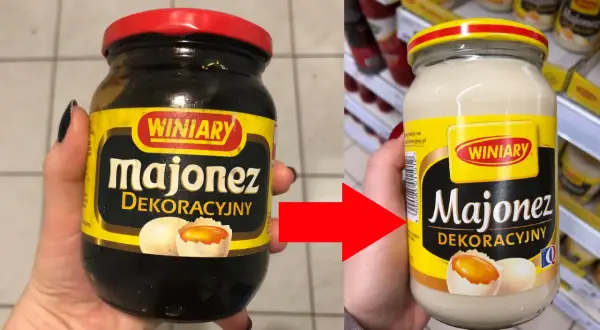 Dwa słoiki majonezu Winiary Dekoracyjny, jeden ciemny, drugi jasny, połączone czerwoną strzałką.