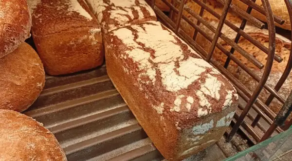 Chleb graham z posypką mączną w piekarni.