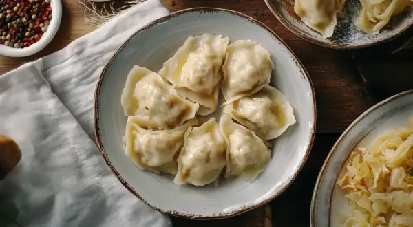 Talerz pełen pierogów z kapustą i grzybami, obok miseczka z przyprawami i kapustą kiszoną.
