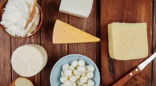 Różne rodzaje serów: twaróg, mozzarella, ser żółty, ser wędzony i ser biały.